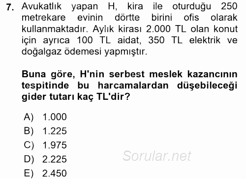 Vergi Uygulamaları 2017 - 2018 Ara Sınavı 7.Soru