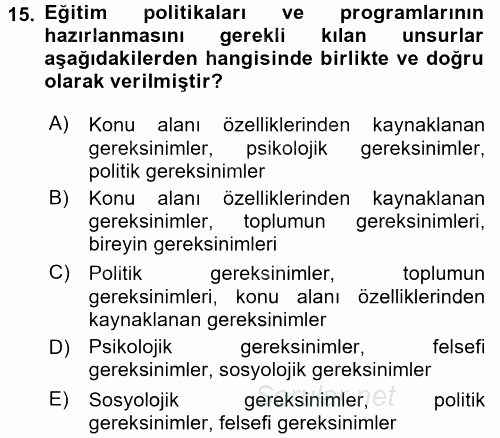 Eğitim Bilimine Giriş 2017 - 2018 Ara Sınavı 15.Soru