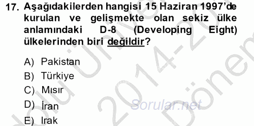Orta Doğuda Siyaset 2014 - 2015 Dönem Sonu Sınavı 17.Soru