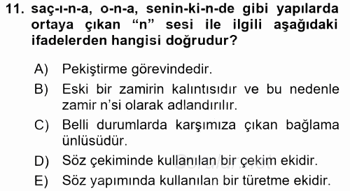 Türkçe Ses Bilgisi 2016 - 2017 Ara Sınavı 11.Soru