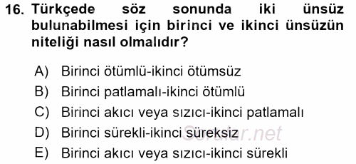 Türkçe Ses Bilgisi 2016 - 2017 Ara Sınavı 16.Soru