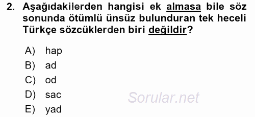 Türkçe Ses Bilgisi 2016 - 2017 Ara Sınavı 2.Soru
