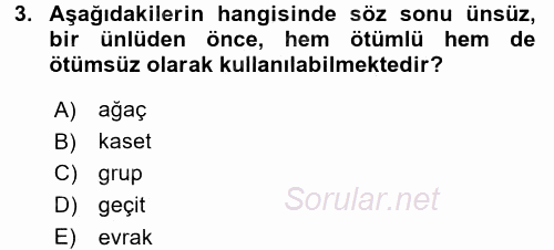 Türkçe Ses Bilgisi 2016 - 2017 Ara Sınavı 3.Soru