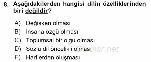 Türkçe Ses Bilgisi 2016 - 2017 Ara Sınavı 8.Soru