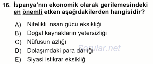 İktisat Tarihi 2016 - 2017 Ara Sınavı 16.Soru