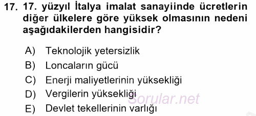 İktisat Tarihi 2016 - 2017 Ara Sınavı 17.Soru