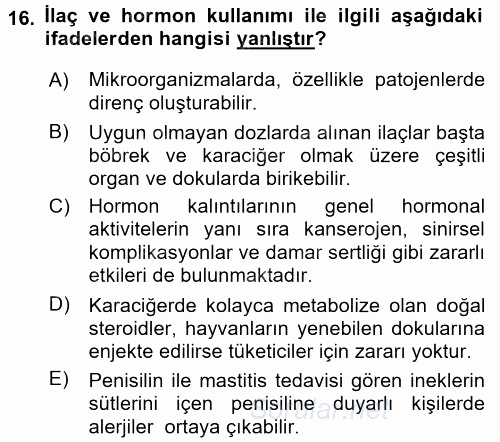 Gıda Mevzuatı ve Kalite Yönetimi 2016 - 2017 Dönem Sonu Sınavı 16.Soru