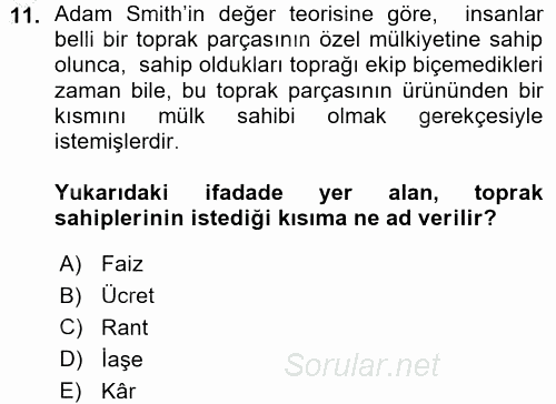 İktisadi Düşünceler Tarihi 2015 - 2016 Ara Sınavı 11.Soru