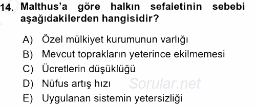 İktisadi Düşünceler Tarihi 2015 - 2016 Ara Sınavı 14.Soru