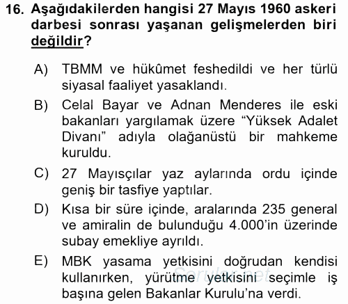 Türk Siyasal Hayatı 2016 - 2017 3 Ders Sınavı 16.Soru