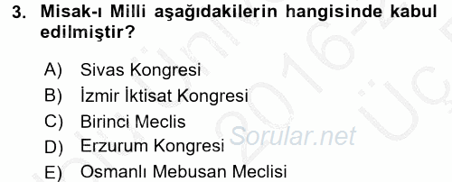 Türk Siyasal Hayatı 2016 - 2017 3 Ders Sınavı 3.Soru