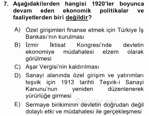 Türk Siyasal Hayatı 2016 - 2017 3 Ders Sınavı 7.Soru