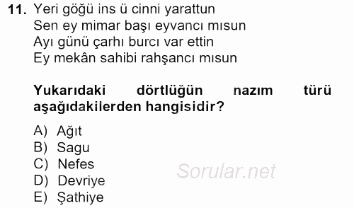 Halk Edebiyatına Giriş 2 2012 - 2013 Dönem Sonu Sınavı 11.Soru