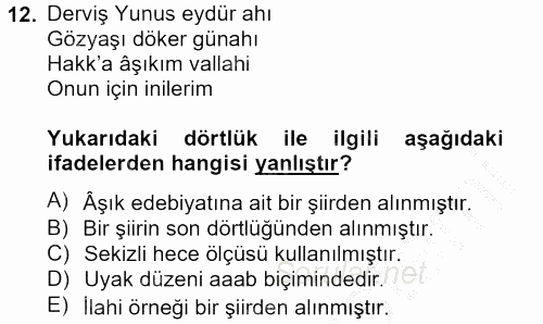 Halk Edebiyatına Giriş 2 2012 - 2013 Dönem Sonu Sınavı 12.Soru