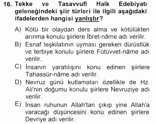 Halk Edebiyatına Giriş 2 2012 - 2013 Dönem Sonu Sınavı 16.Soru