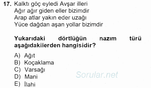 Halk Edebiyatına Giriş 2 2012 - 2013 Dönem Sonu Sınavı 17.Soru
