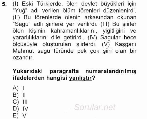 Halk Edebiyatına Giriş 2 2012 - 2013 Dönem Sonu Sınavı 5.Soru