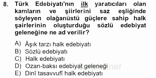 Halk Edebiyatına Giriş 2 2012 - 2013 Dönem Sonu Sınavı 8.Soru