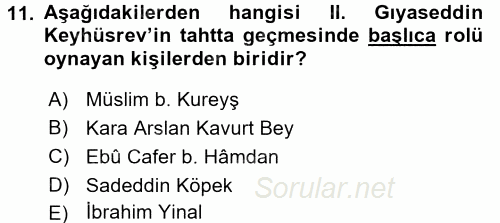 Türkiye Selçuklu Tarihi 2016 - 2017 Dönem Sonu Sınavı 11.Soru