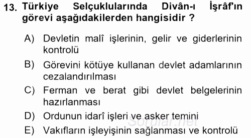 Türkiye Selçuklu Tarihi 2016 - 2017 Dönem Sonu Sınavı 13.Soru