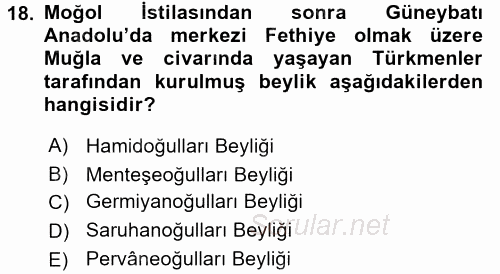 Türkiye Selçuklu Tarihi 2016 - 2017 Dönem Sonu Sınavı 18.Soru