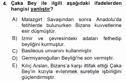 Türkiye Selçuklu Tarihi 2016 - 2017 Dönem Sonu Sınavı 4.Soru