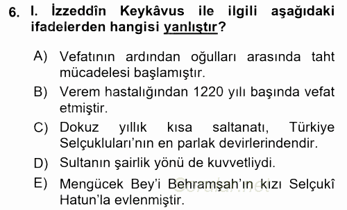 Türkiye Selçuklu Tarihi 2016 - 2017 Dönem Sonu Sınavı 6.Soru