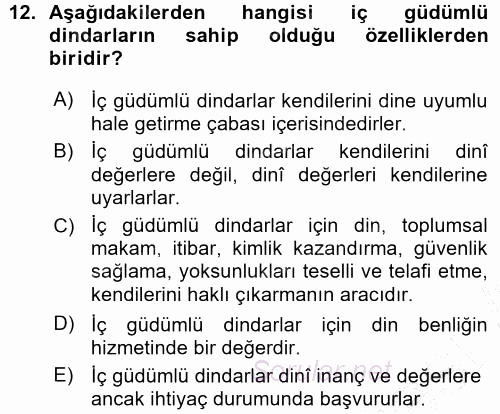 Din Psikolojisi 2015 - 2016 Ara Sınavı 12.Soru