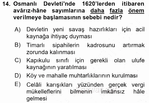 Osmanlı Merkez ve Taşra Teşkilatı 2015 - 2016 Dönem Sonu Sınavı 14.Soru