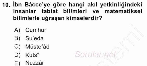 İslam Düşünce Tarihi 2015 - 2016 Dönem Sonu Sınavı 10.Soru