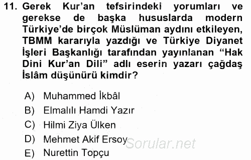 İslam Düşünce Tarihi 2015 - 2016 Dönem Sonu Sınavı 11.Soru