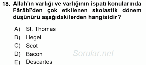 İslam Düşünce Tarihi 2015 - 2016 Dönem Sonu Sınavı 18.Soru