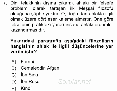 İslam Düşünce Tarihi 2015 - 2016 Dönem Sonu Sınavı 7.Soru