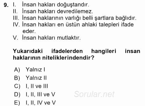 İnsan Hakları ve Demokratikleşme Süreci 2016 - 2017 Ara Sınavı 9.Soru