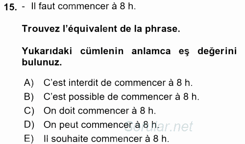 Fransızca 2 2017 - 2018 Dönem Sonu Sınavı 15.Soru