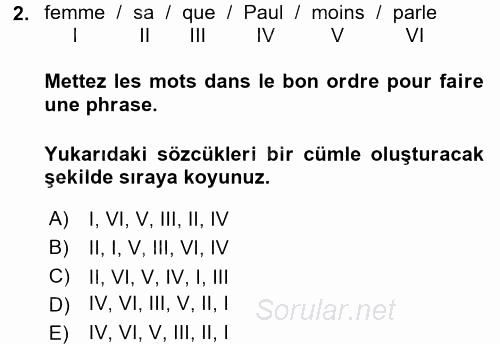 Fransızca 2 2017 - 2018 Dönem Sonu Sınavı 2.Soru