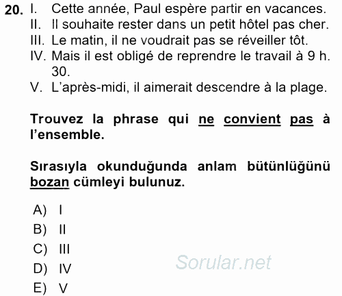 Fransızca 2 2017 - 2018 Dönem Sonu Sınavı 20.Soru