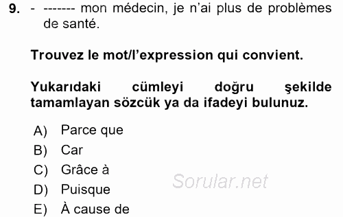 Fransızca 2 2017 - 2018 Dönem Sonu Sınavı 9.Soru