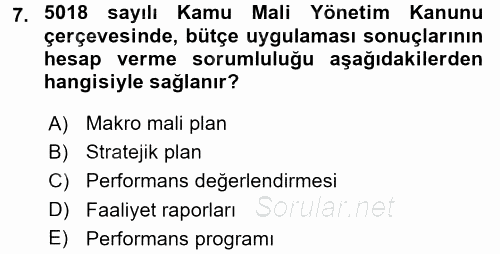 Kamu Mali Yönetimi 2015 - 2016 Dönem Sonu Sınavı 7.Soru