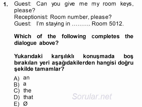 Turizm Için Ingilizce 2 2014 - 2015 Tek Ders Sınavı 1.Soru