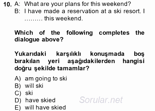 Turizm Için Ingilizce 2 2014 - 2015 Tek Ders Sınavı 10.Soru
