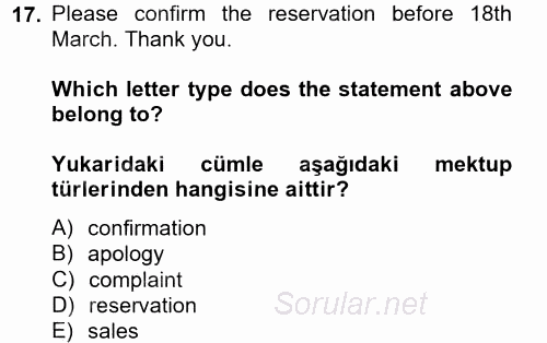 Turizm Için Ingilizce 2 2014 - 2015 Tek Ders Sınavı 17.Soru