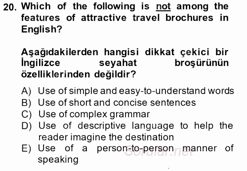 Turizm Için Ingilizce 2 2014 - 2015 Tek Ders Sınavı 20.Soru