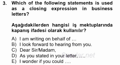 Turizm Için Ingilizce 2 2014 - 2015 Tek Ders Sınavı 3.Soru