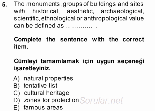 Turizm Için Ingilizce 2 2014 - 2015 Tek Ders Sınavı 5.Soru