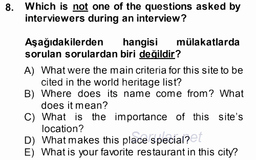 Turizm Için Ingilizce 2 2014 - 2015 Tek Ders Sınavı 8.Soru
