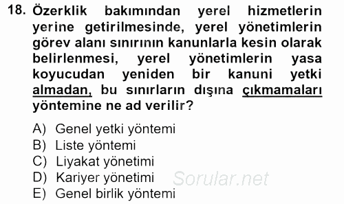 Yerel Yönetimler 2013 - 2014 Tek Ders Sınavı 18.Soru