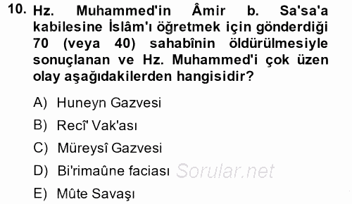 İslam Tarihi ve Medeniyeti 1 2014 - 2015 Ara Sınavı 10.Soru
