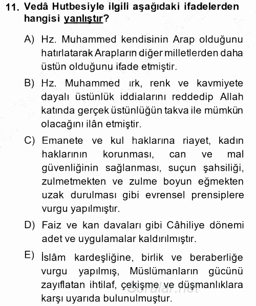 İslam Tarihi ve Medeniyeti 1 2014 - 2015 Ara Sınavı 11.Soru