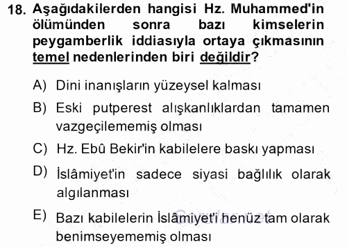 İslam Tarihi ve Medeniyeti 1 2014 - 2015 Ara Sınavı 18.Soru
